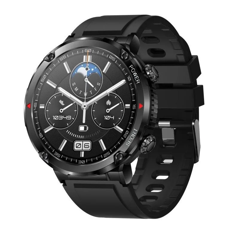 Black T30 smart watch with a silicone strap on a wrist, showing the IPS touchscreen display.