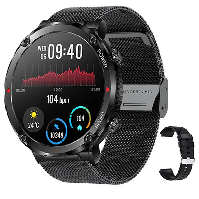 Black T30 smart watch with a silicone strap on a wrist, showing the IPS touchscreen display.