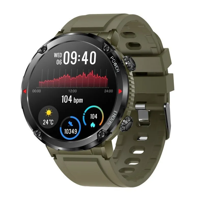 Black T30 smart watch with a silicone strap on a wrist, showing the IPS touchscreen display.