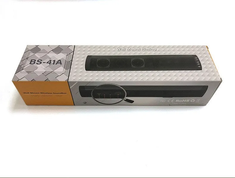 BS-41A black wall-mounted plastic Bluetooth speaker with remote control on a white wall.