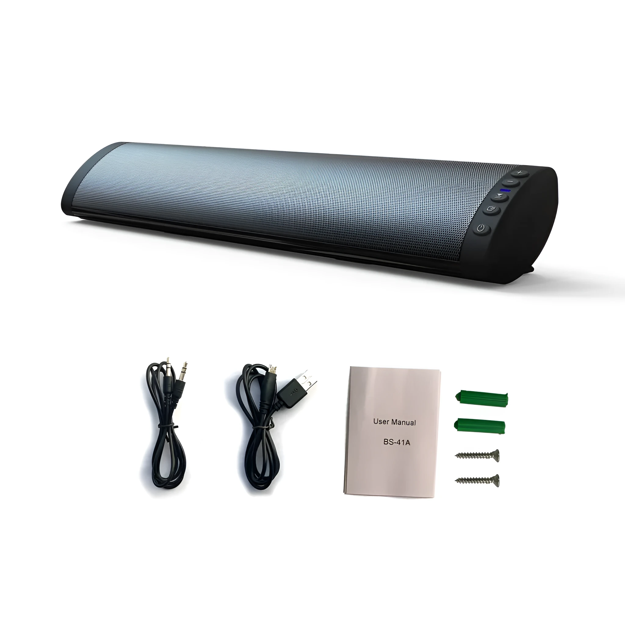 BS-41A black wall-mounted plastic Bluetooth speaker with remote control on a white wall.