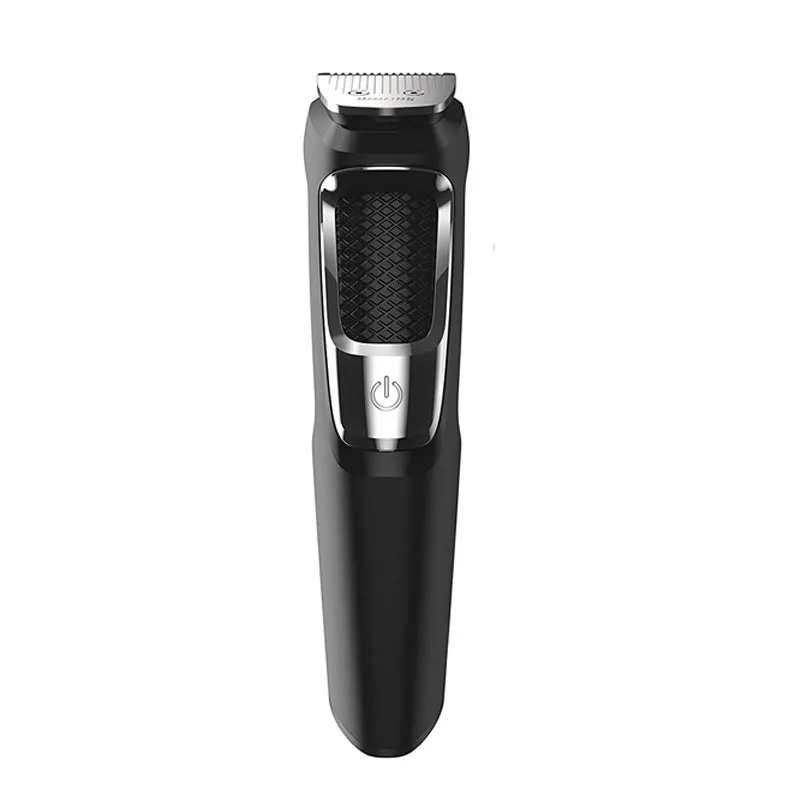 Silver and black multifunctional nose hair and beard trimmer with a cleaning brush on a white background.