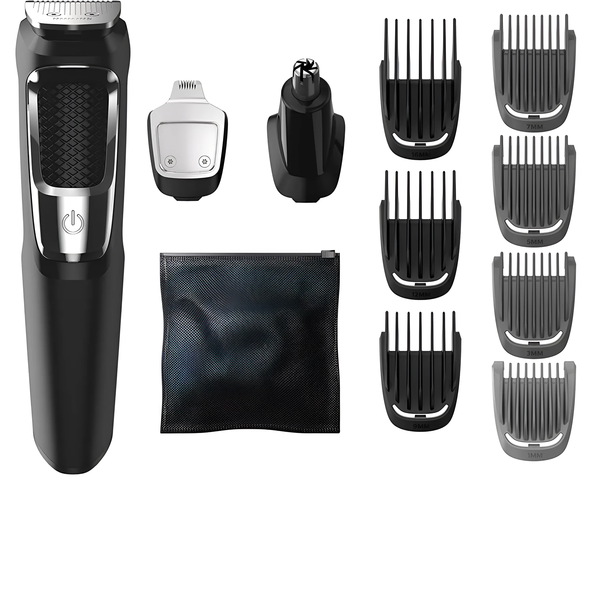 Silver and black multifunctional nose hair and beard trimmer with a cleaning brush on a white background.