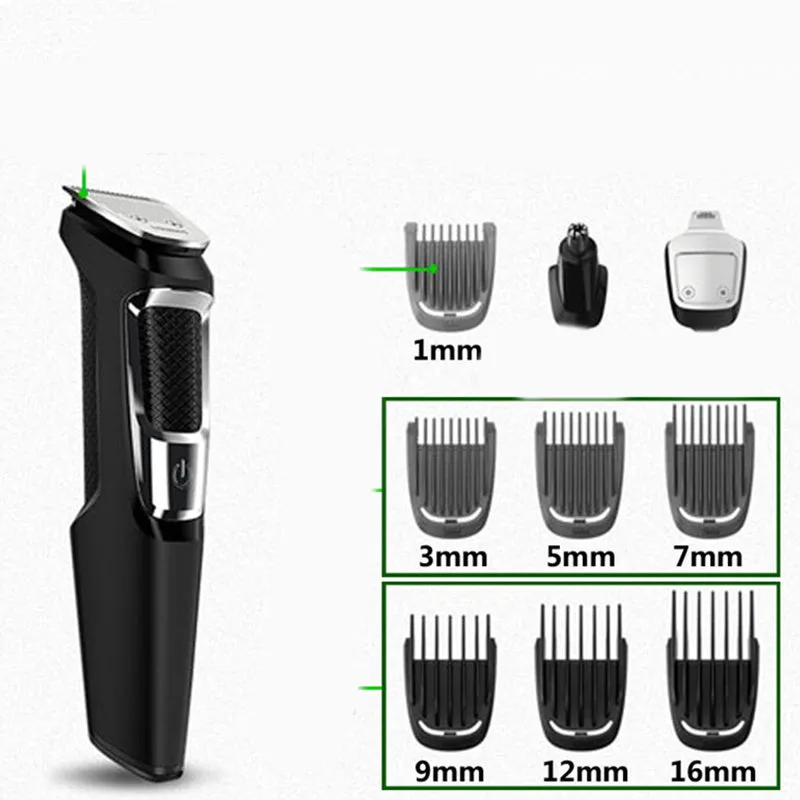 Silver and black multifunctional nose hair and beard trimmer with a cleaning brush on a white background.