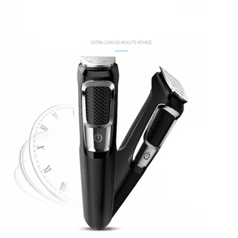 Silver and black multifunctional nose hair and beard trimmer with a cleaning brush on a white background.