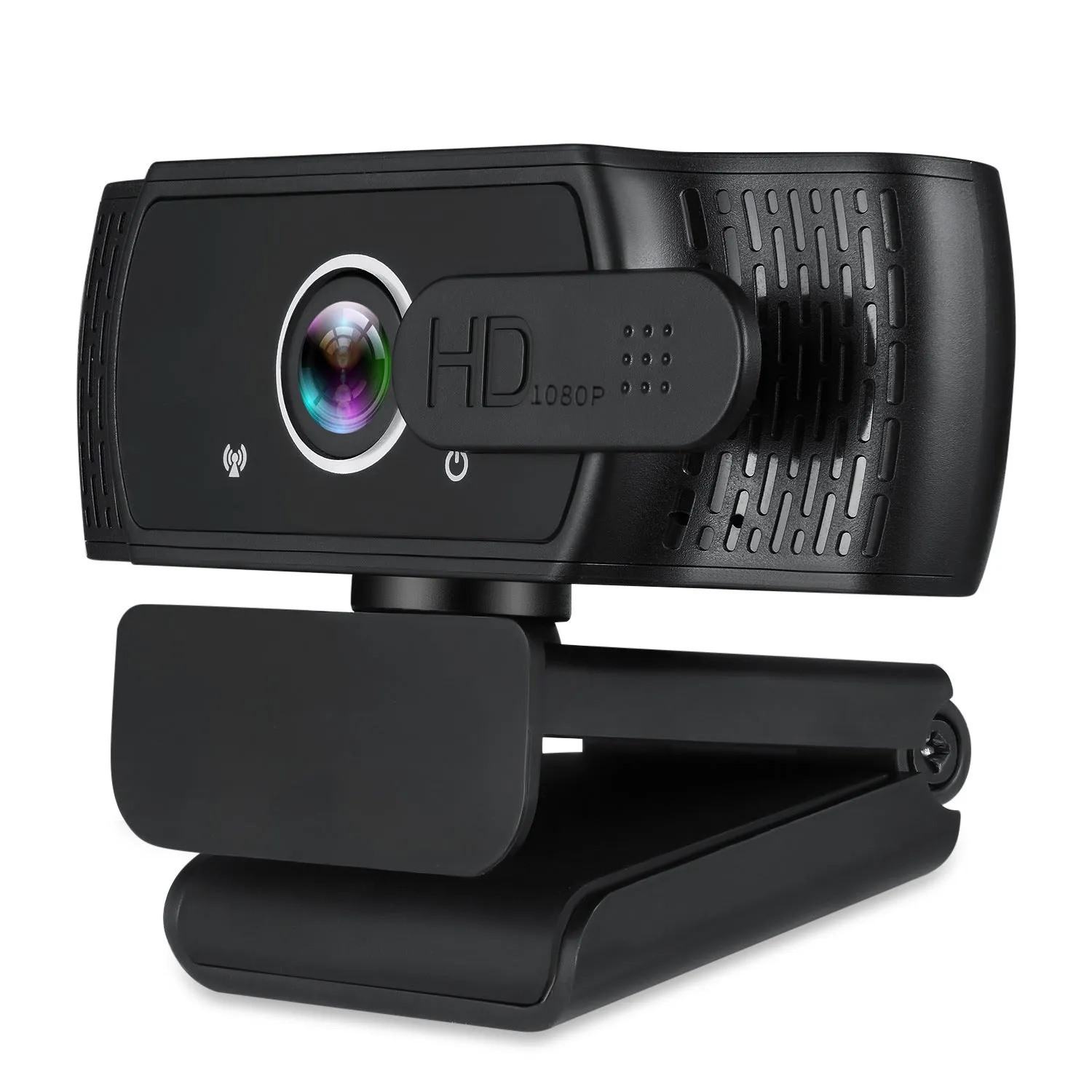 Black 1080P USB webcam with built-in microphone and universal clip for laptop or monitor.