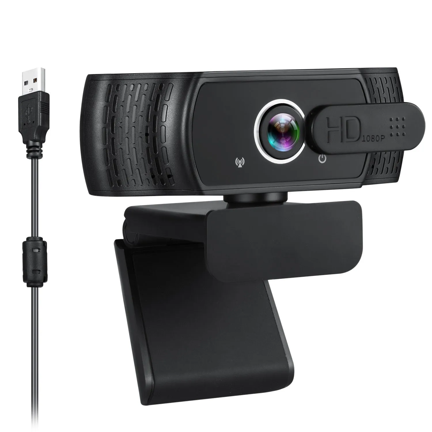 Black 1080P USB webcam with built-in microphone and universal clip for laptop or monitor.