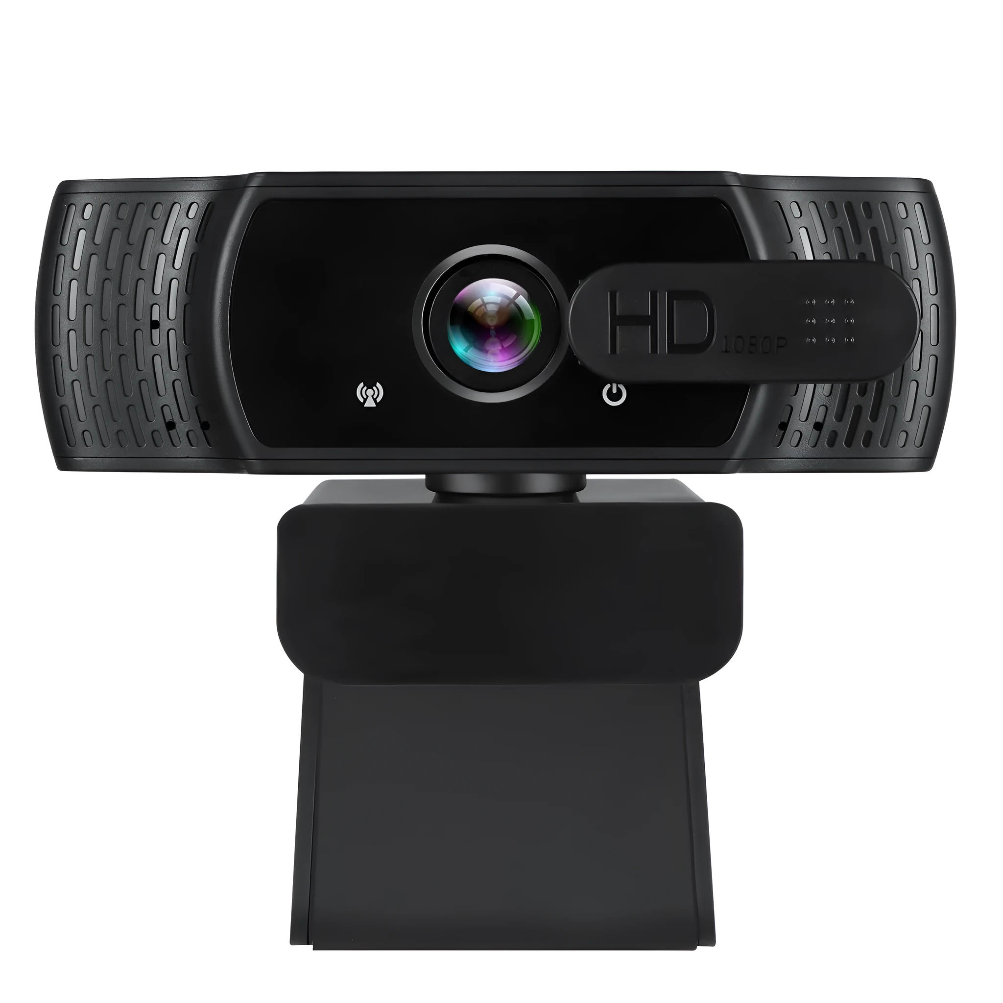 Black 1080P USB webcam with built-in microphone and universal clip for laptop or monitor.