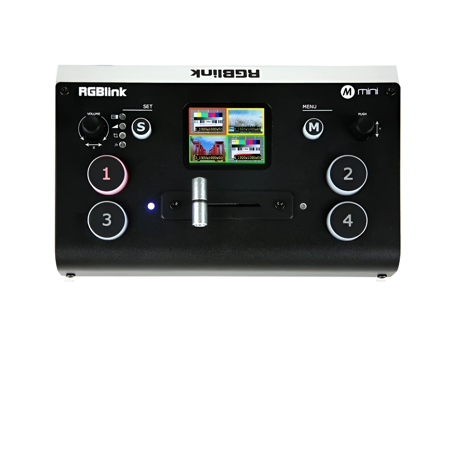 RGBLINK HDMI multi-format switcher unit with 4 inputs, TFT screen, and integrated controls on a desktop.
