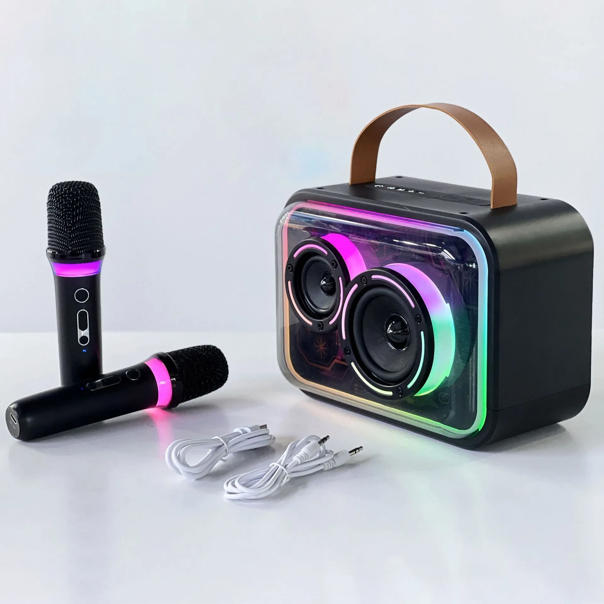 Portable Bluetooth karaoke speaker with colourful RGB lighting in light yellow colour
