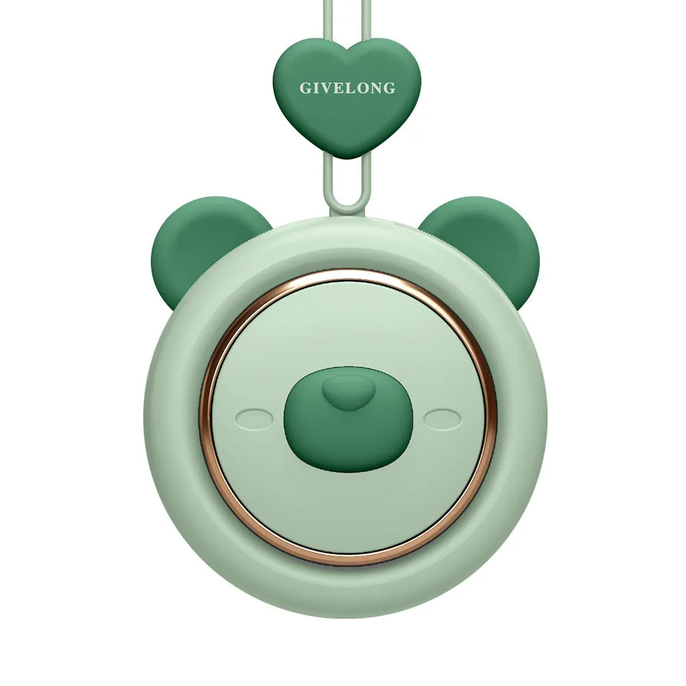 Mini bladeless neck band fan with hanging rope in a cute animal design colour.