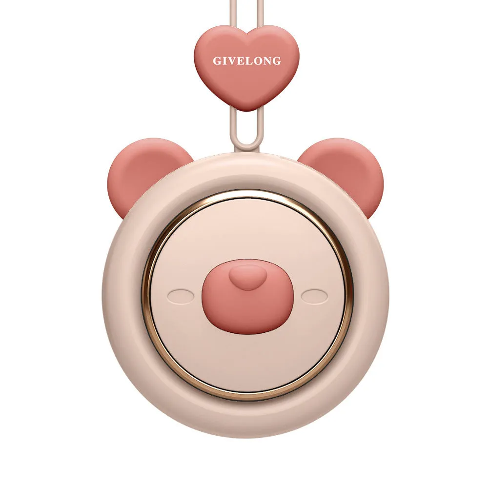Mini bladeless neck band fan with hanging rope in a cute animal design colour.