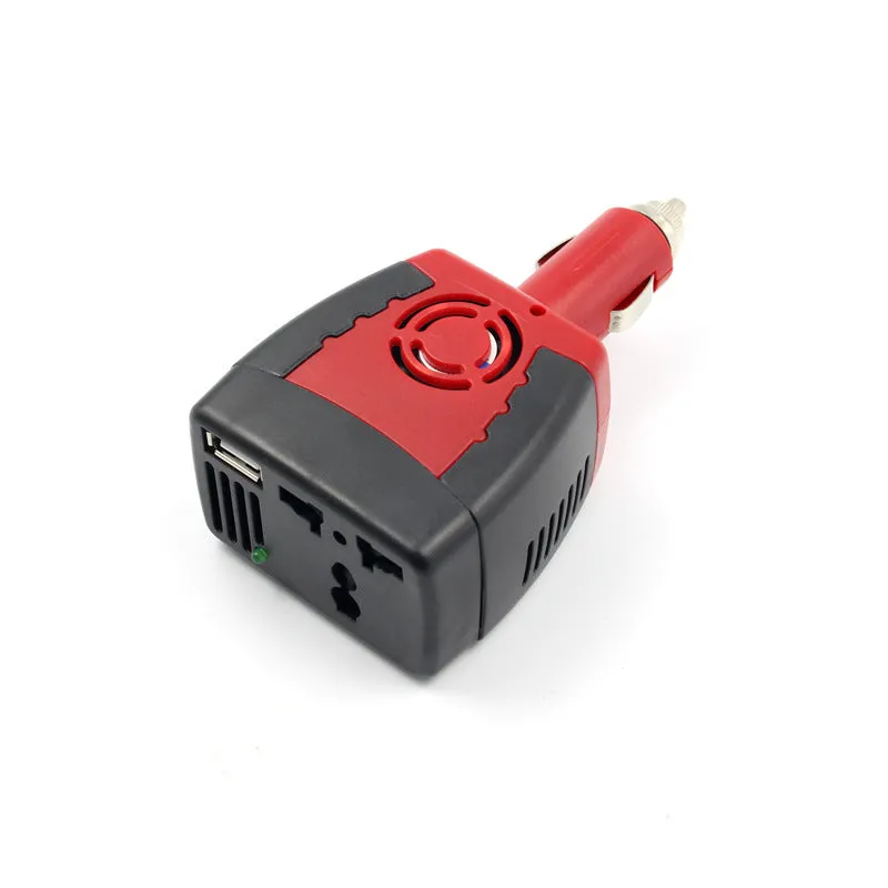 Black and red 150W car inverter converting 12V DC to 110V AC with USB port