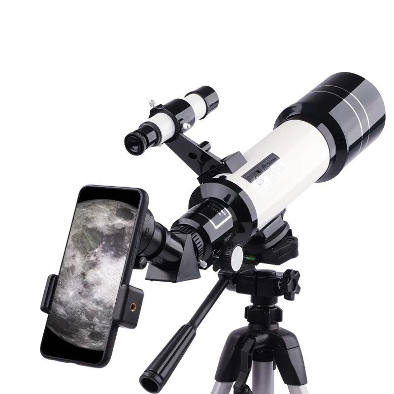 Dark blue children's astronomical monocular telescope on a tripod with optional mobile phone holder attached.