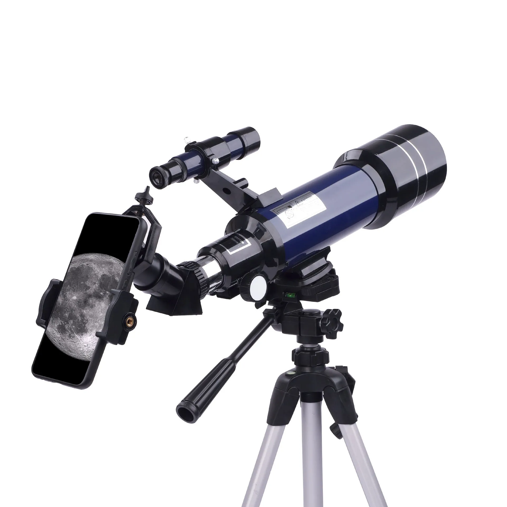 Dark blue children's astronomical monocular telescope on a tripod with optional mobile phone holder attached.