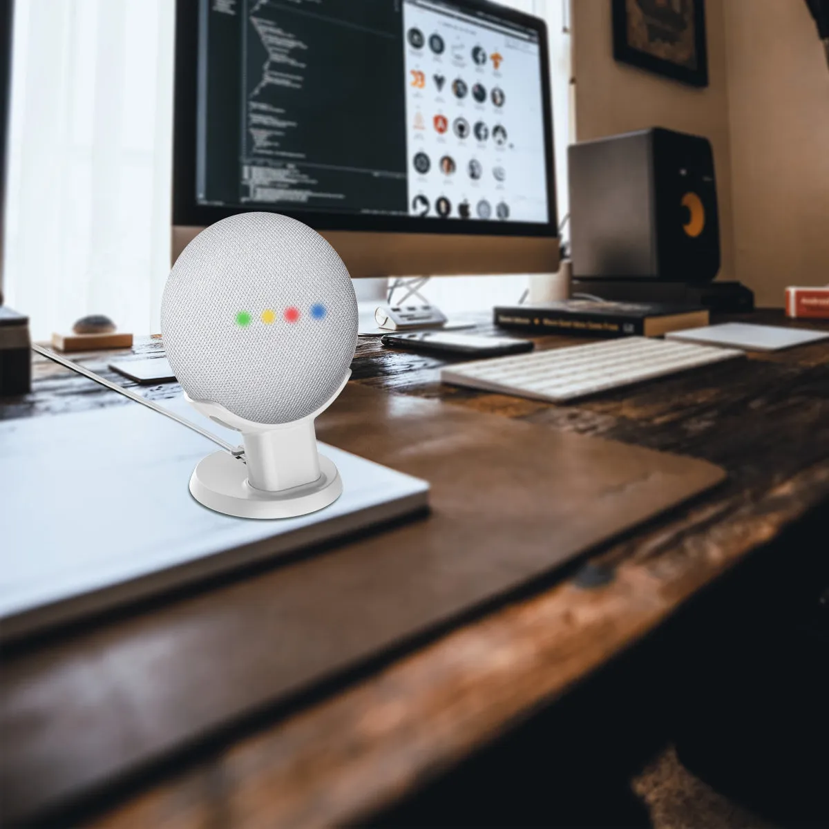 Black and white plastic table holder stands for Google Home Mini voice assistant
