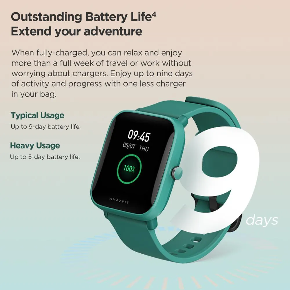 Amazfit smart watch with colour screen on a silicone strap, showing blood oxygen and GPS tracking.