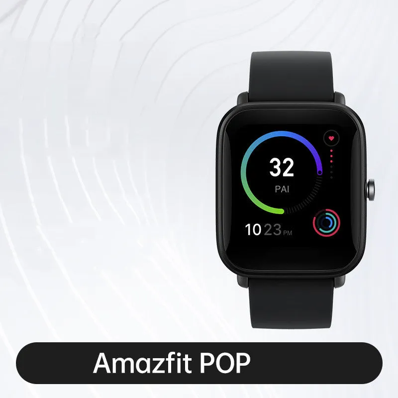 Amazfit smart watch with colour screen on a silicone strap, showing blood oxygen and GPS tracking.