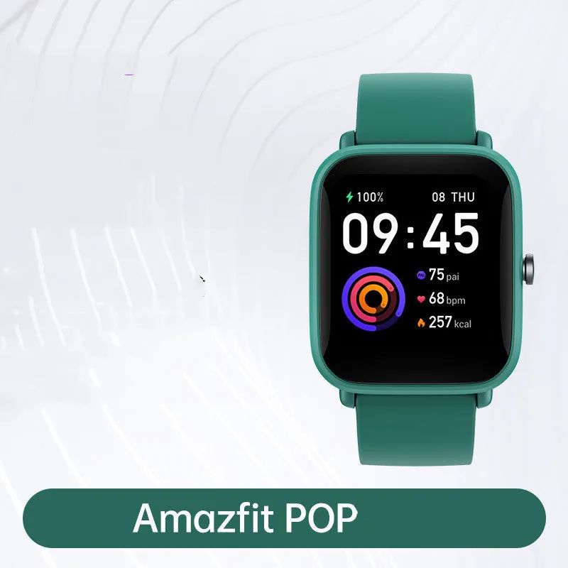 Amazfit smart watch with colour screen on a silicone strap, showing blood oxygen and GPS tracking.