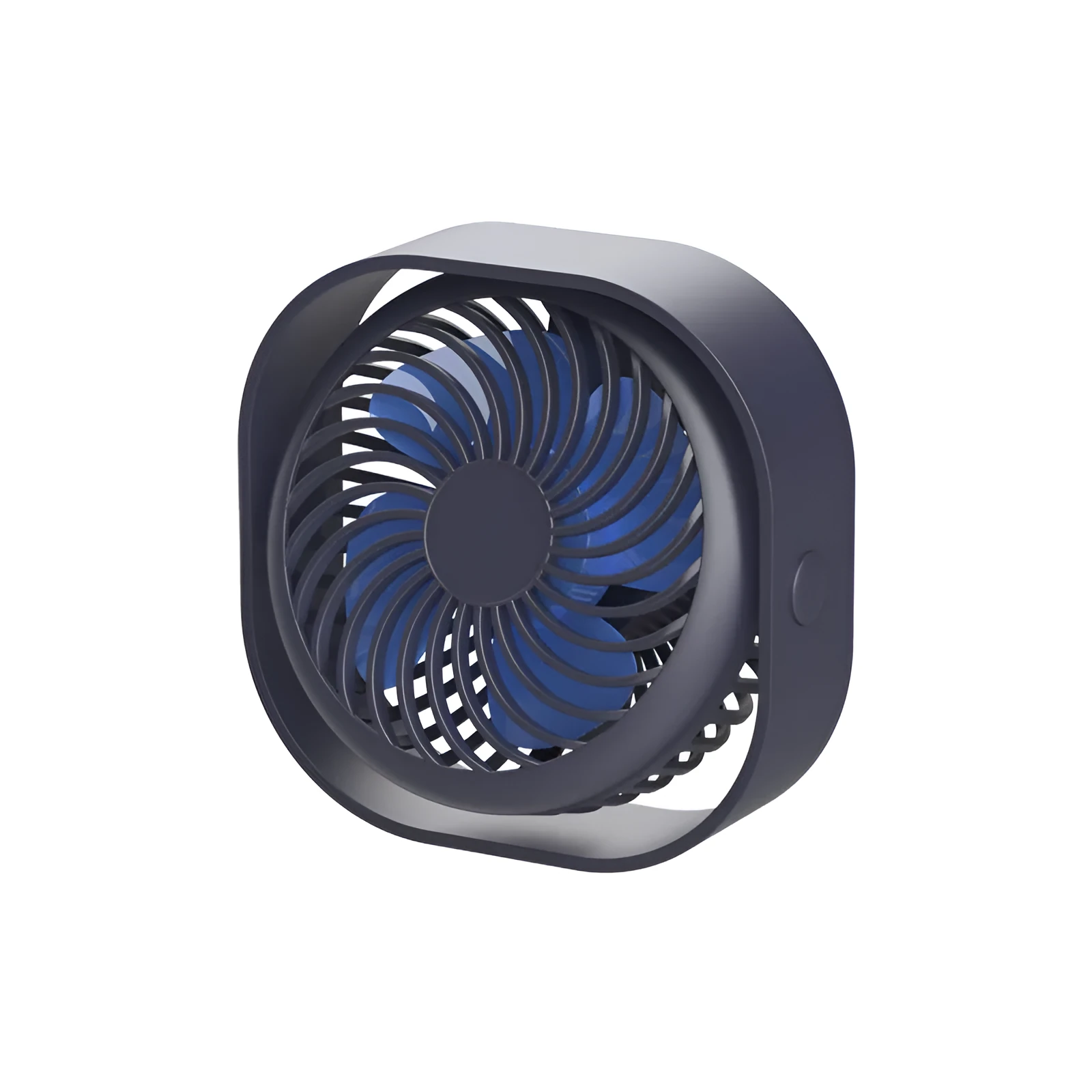 A small, modern USB desk fan in blue with a rotating head on a white desk.