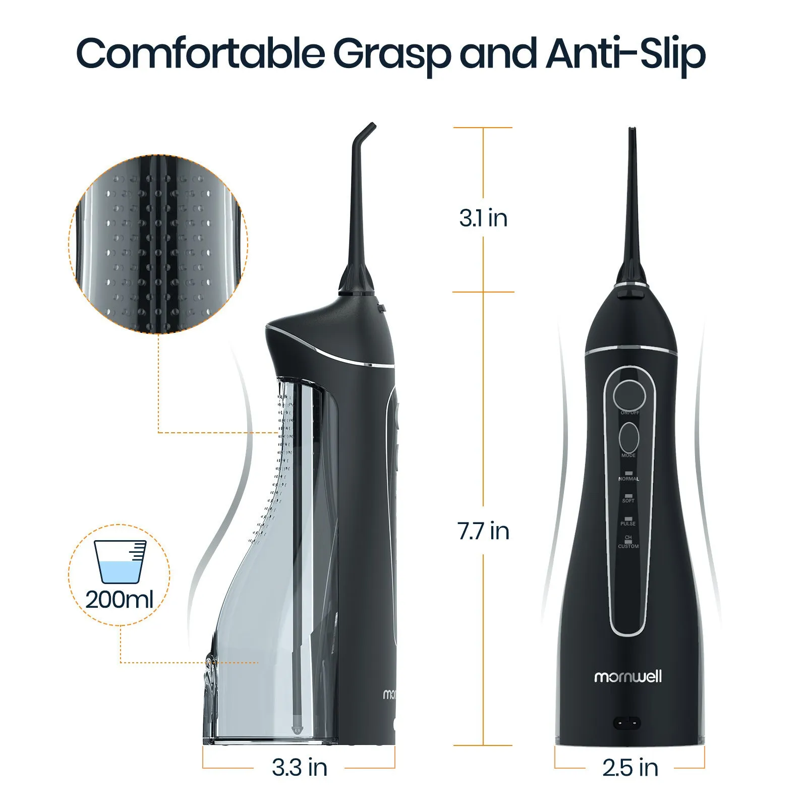 Black Prooral Mornwell portable oral irrigator with water tank and nozzle for dental cleaning.