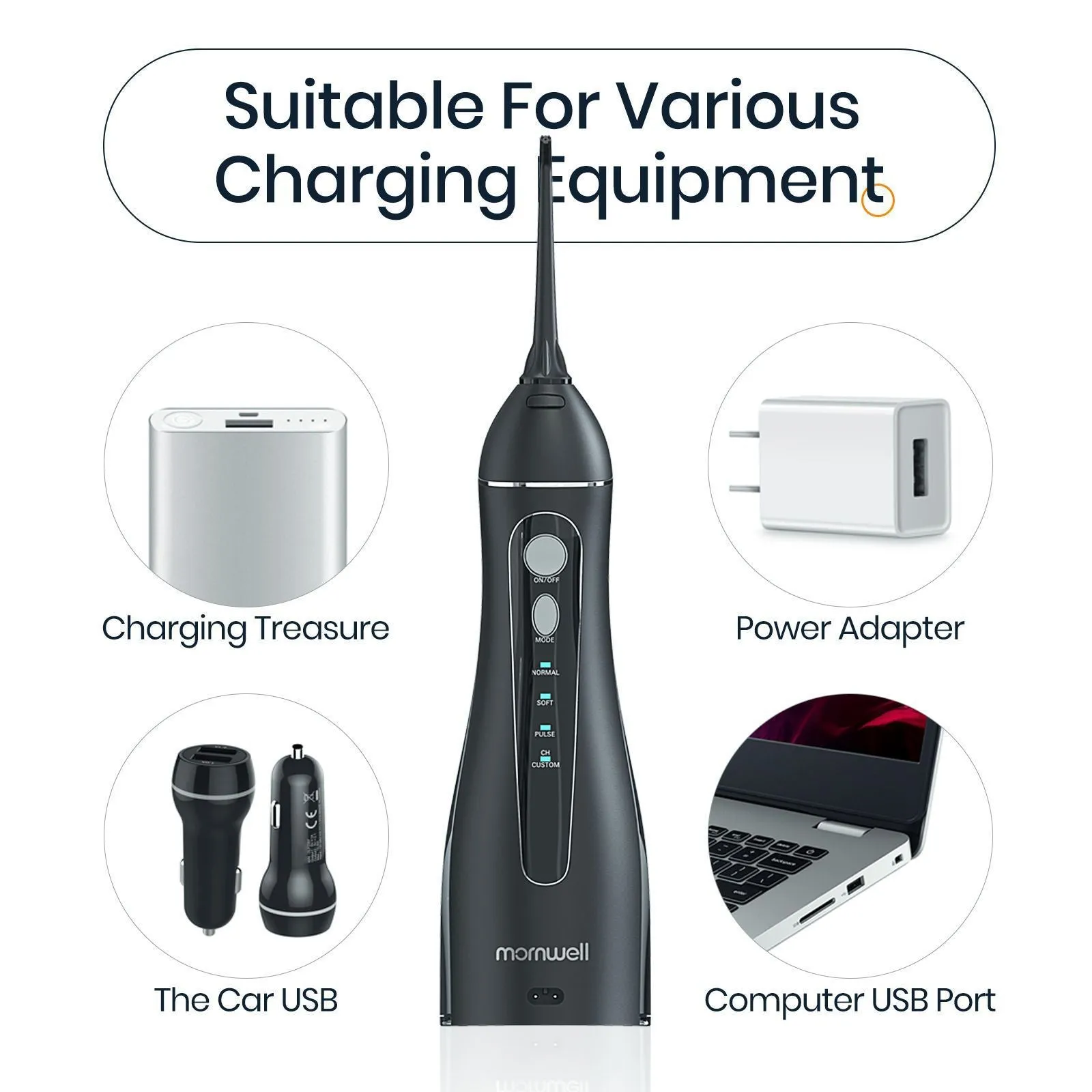 Black Prooral Mornwell portable oral irrigator with water tank and nozzle for dental cleaning.