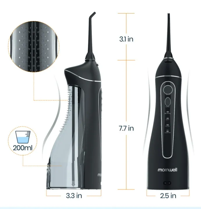 Black Prooral Mornwell portable oral irrigator with water tank and nozzle for dental cleaning.