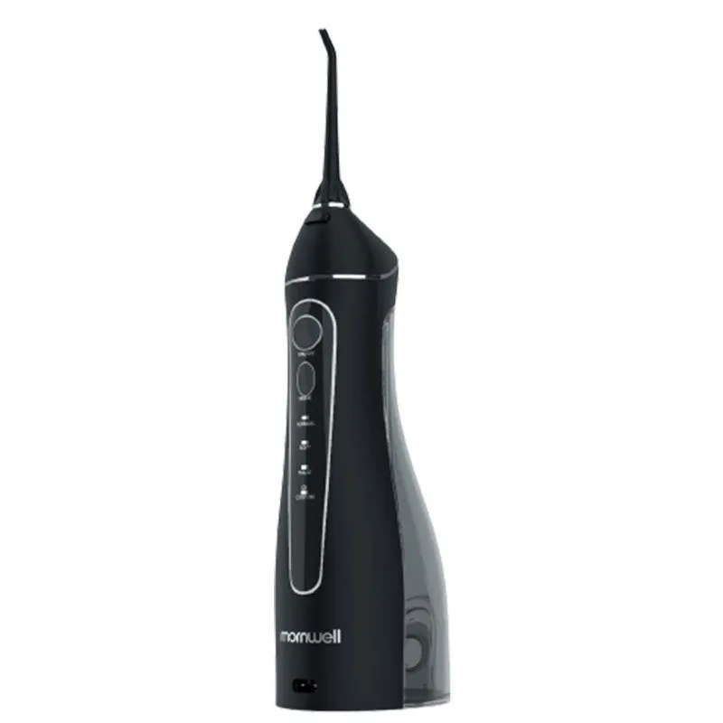 Black Prooral Mornwell portable oral irrigator with water tank and nozzle for dental cleaning.
