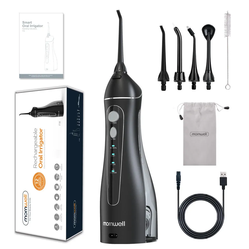 Black Prooral Mornwell portable oral irrigator with water tank and nozzle for dental cleaning.