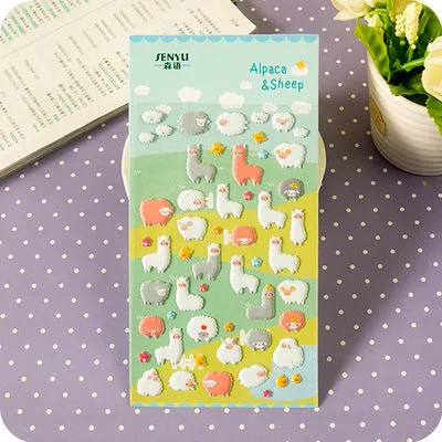 Cartoon three-dimensional bubble stickers sheet showing alpaca, forest animals, and dinosaur designs for hand account decoration