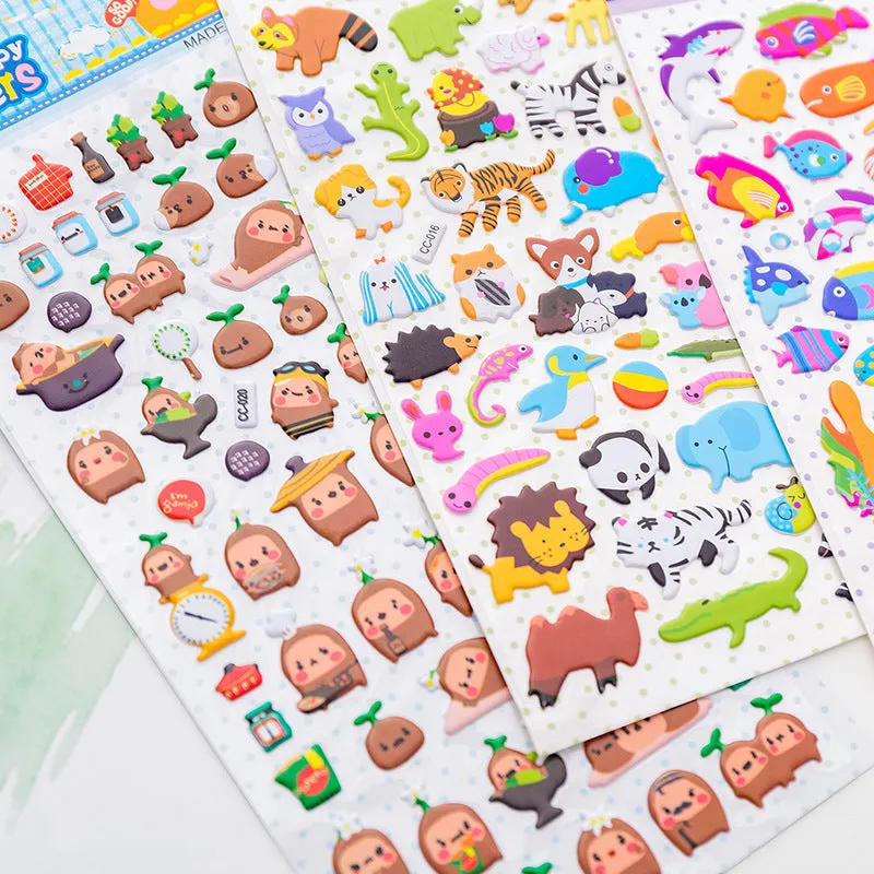 Cartoon three-dimensional bubble stickers sheet showing alpaca, forest animals, and dinosaur designs for hand account decoration