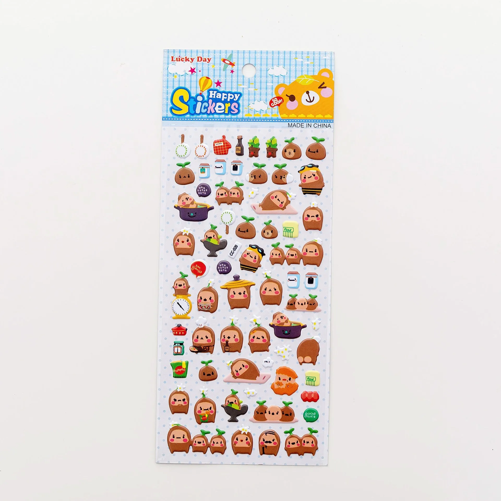 Cartoon three-dimensional bubble stickers sheet showing alpaca, forest animals, and dinosaur designs for hand account decoration