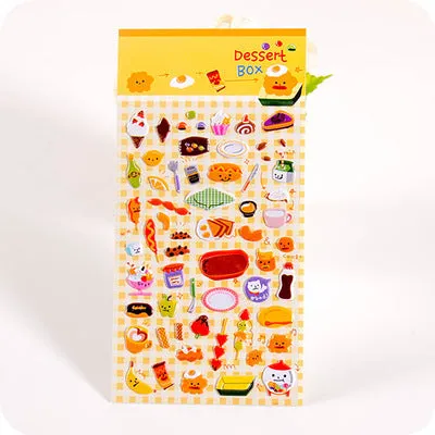 Cartoon three-dimensional bubble stickers sheet showing alpaca, forest animals, and dinosaur designs for hand account decoration