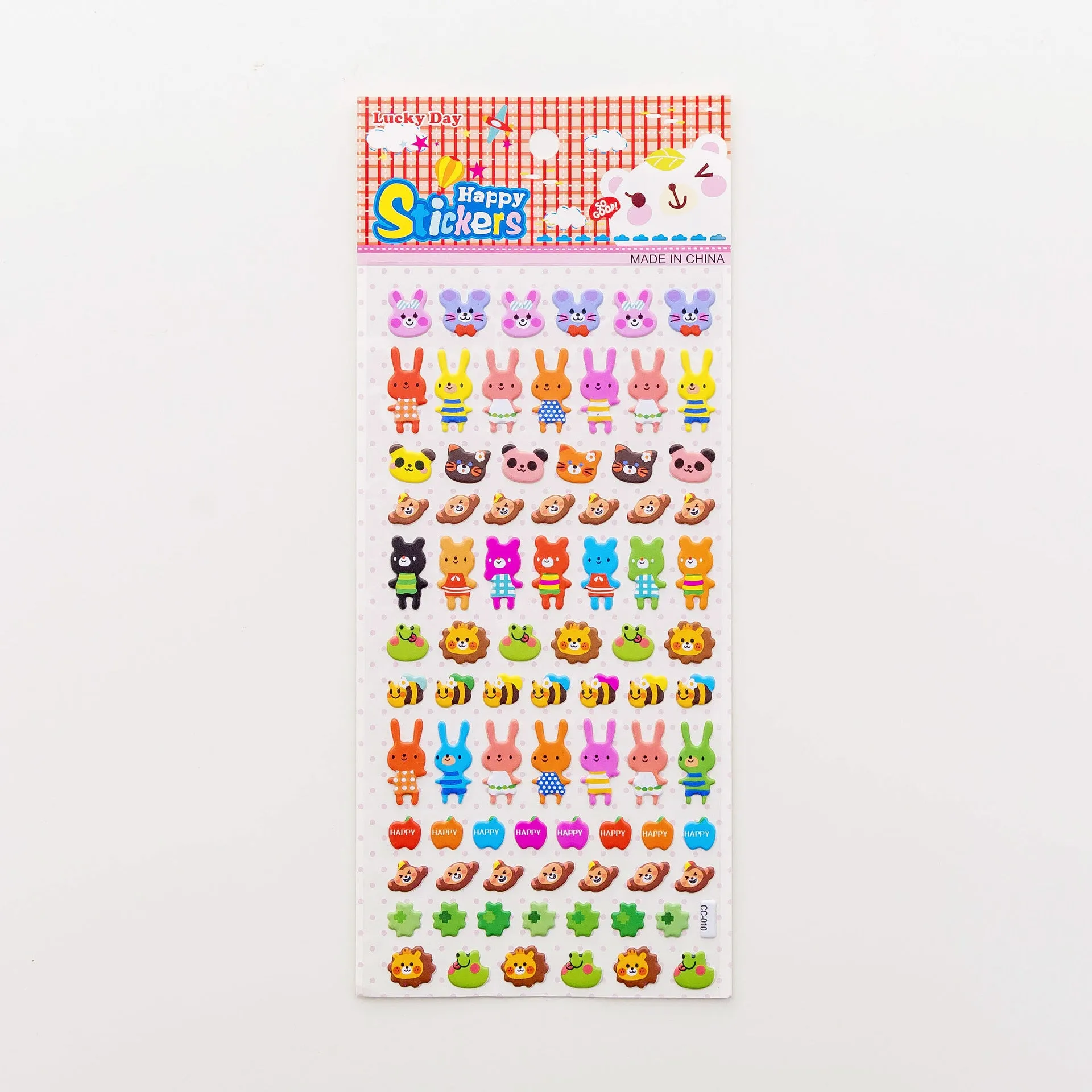 Cartoon three-dimensional bubble stickers sheet showing alpaca, forest animals, and dinosaur designs for hand account decoration