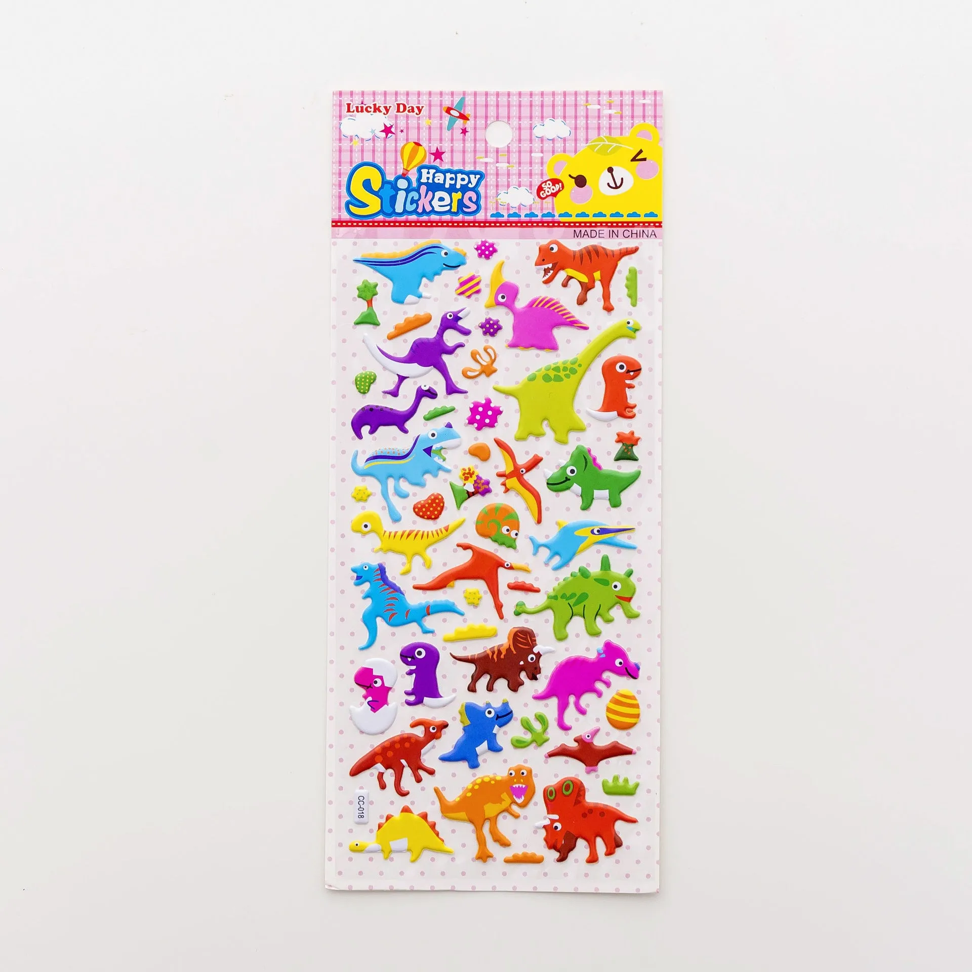 Cartoon three-dimensional bubble stickers sheet showing alpaca, forest animals, and dinosaur designs for hand account decoration