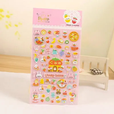 Cartoon three-dimensional bubble stickers sheet showing alpaca, forest animals, and dinosaur designs for hand account decoration