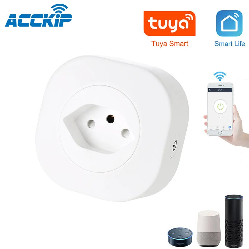 White Wi-Fi smart plug with EU-style pins on a wooden surface.