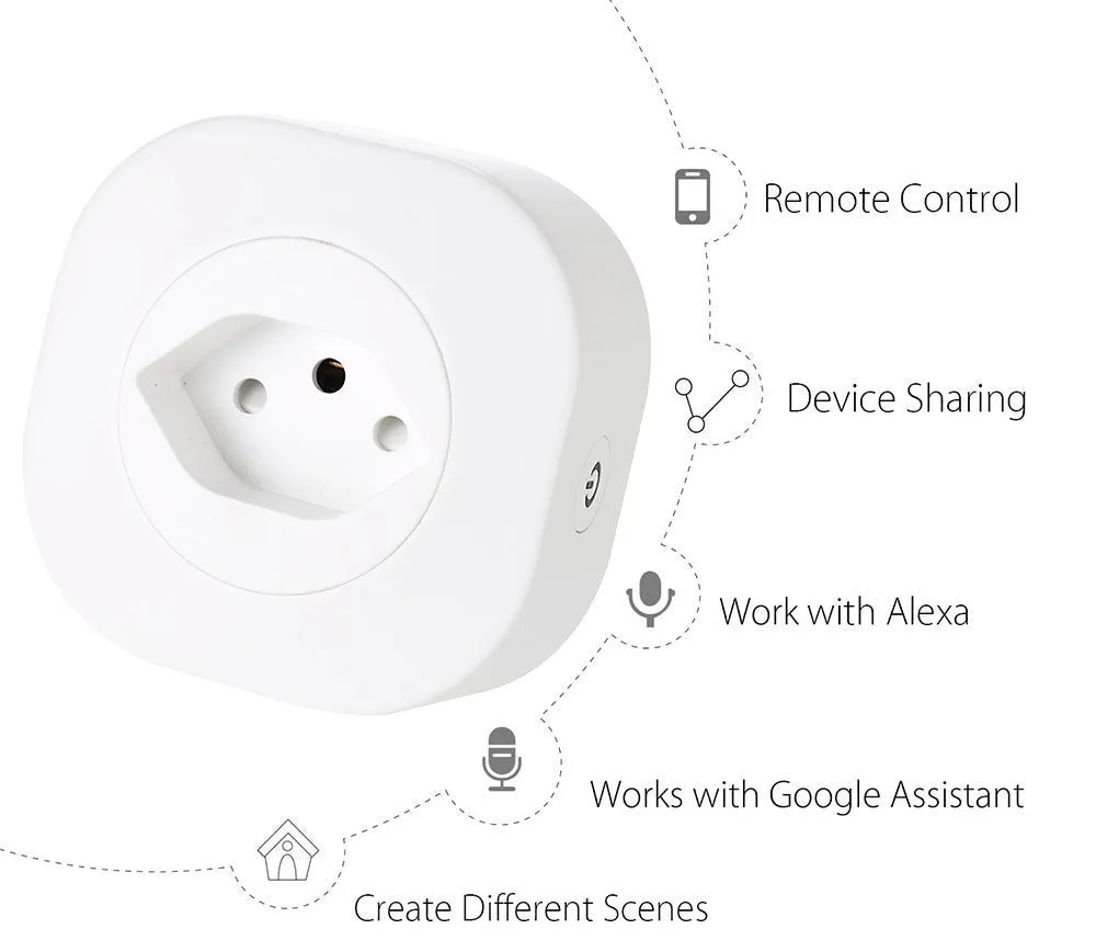 White Wi-Fi smart plug with EU-style pins on a wooden surface.