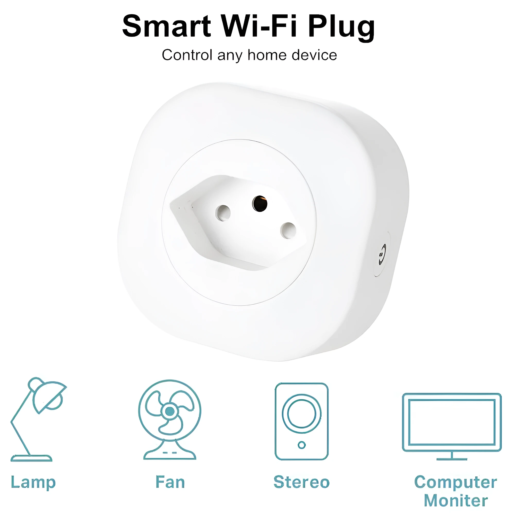 White Wi-Fi smart plug with EU-style pins on a wooden surface.