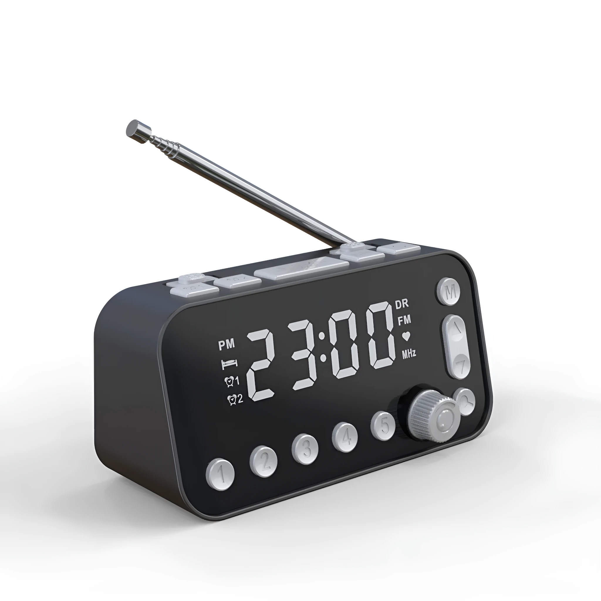 Black DAB bedside alarm clock with large LED display, USB charging ports, and pig tail antenna