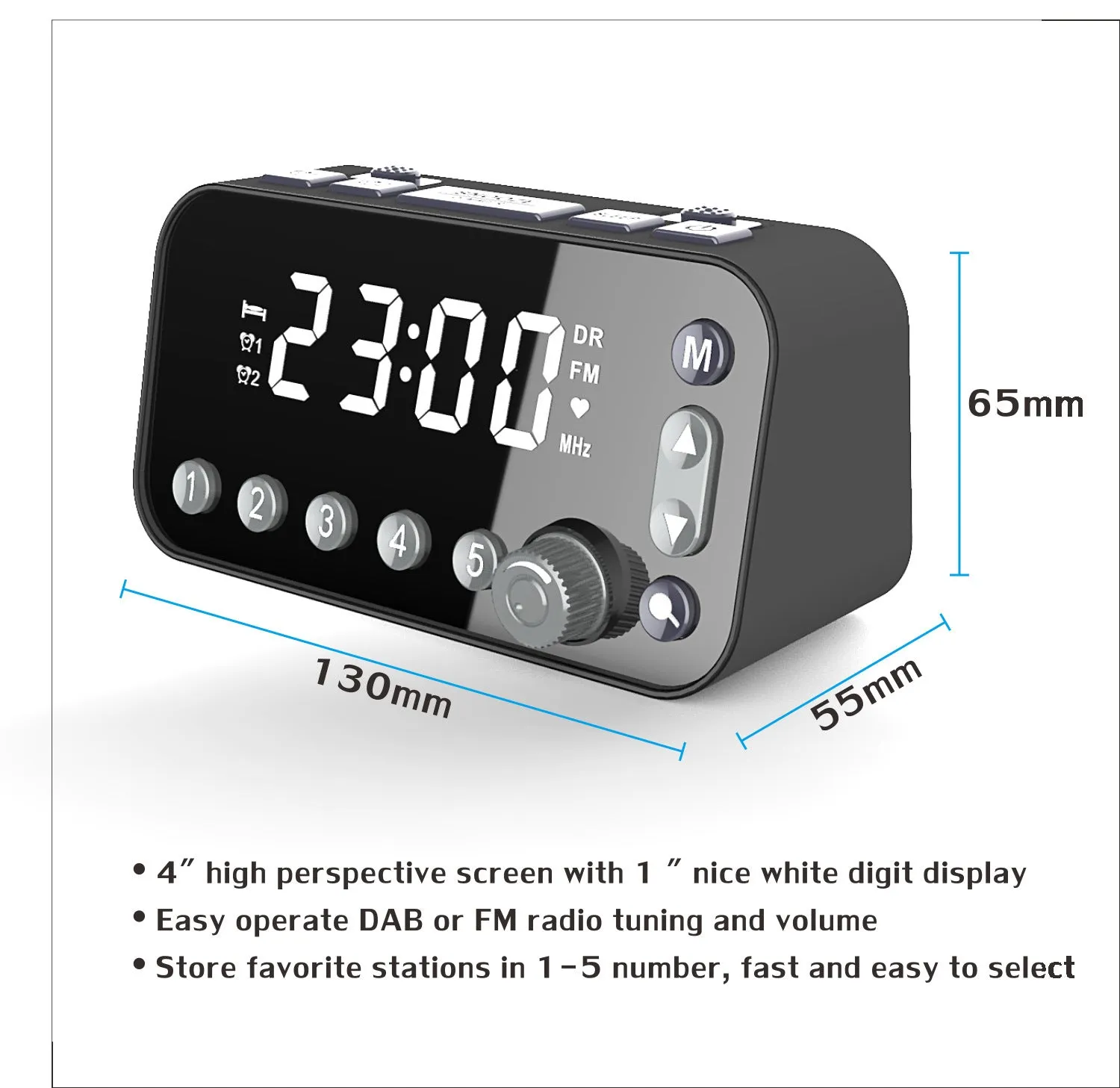 Black DAB bedside alarm clock with large LED display, USB charging ports, and pig tail antenna