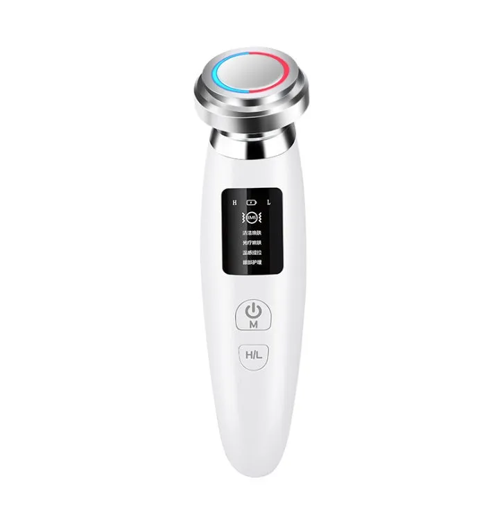 Pink portable skin rejuvenation and facial cleansing beauty instrument showing its compact size.