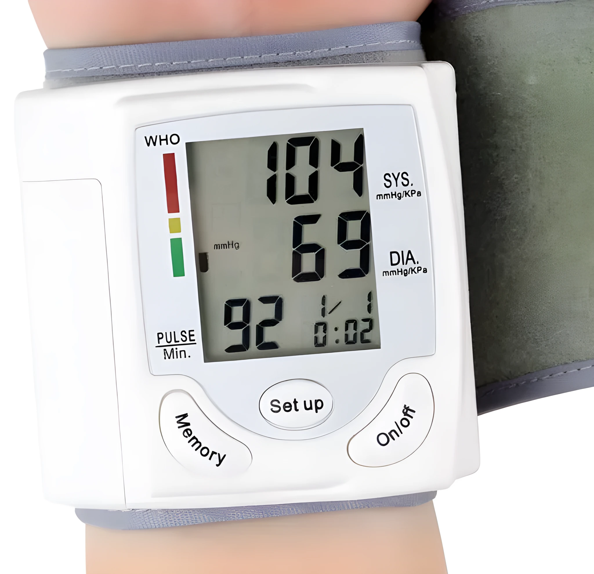 Grey wrist blood pressure monitor with ABS plastic casing showing display and cuff