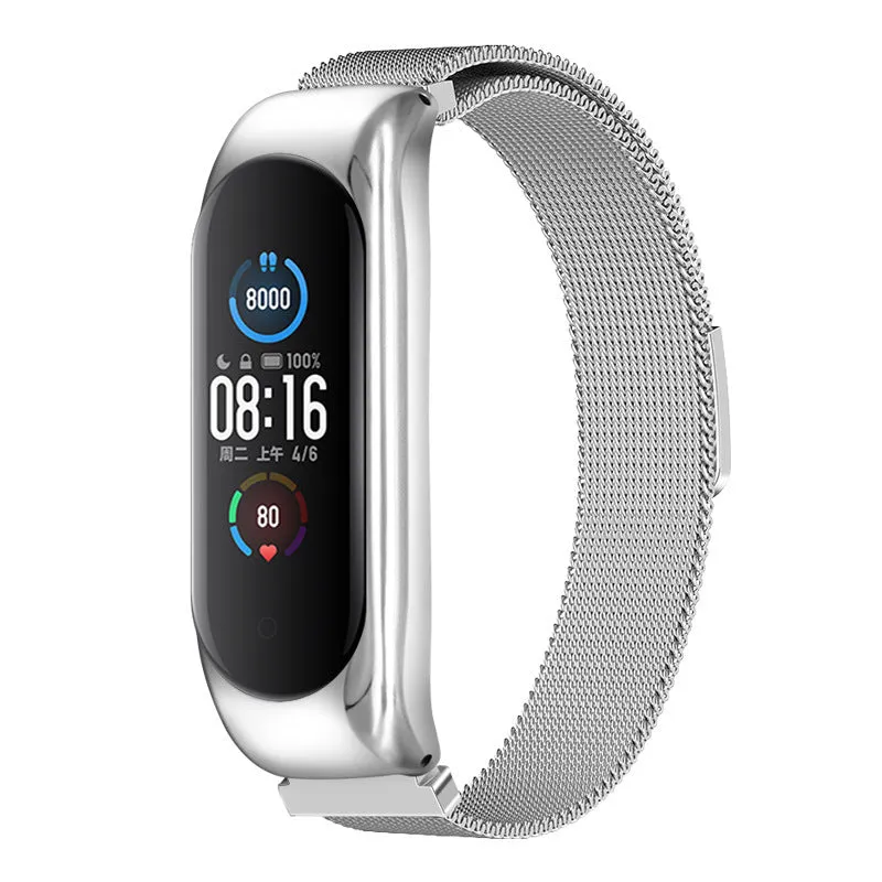 Three-bead metal Mi Band wristband showing rose gold finish with magnetic clasp closure