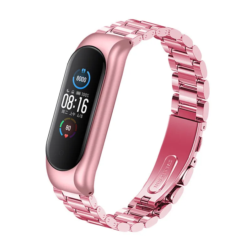 Three-bead metal Mi Band wristband showing rose gold finish with magnetic clasp closure