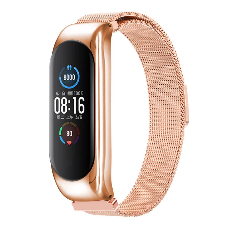 Three-bead metal Mi Band wristband showing rose gold finish with magnetic clasp closure