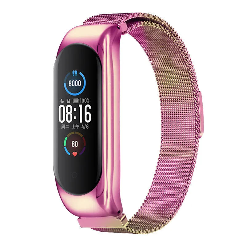 Three-bead metal Mi Band wristband showing rose gold finish with magnetic clasp closure