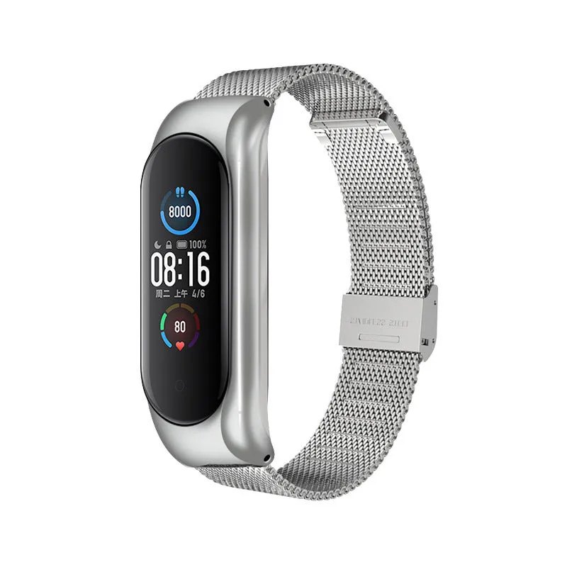Three-bead metal Mi Band wristband showing rose gold finish with magnetic clasp closure