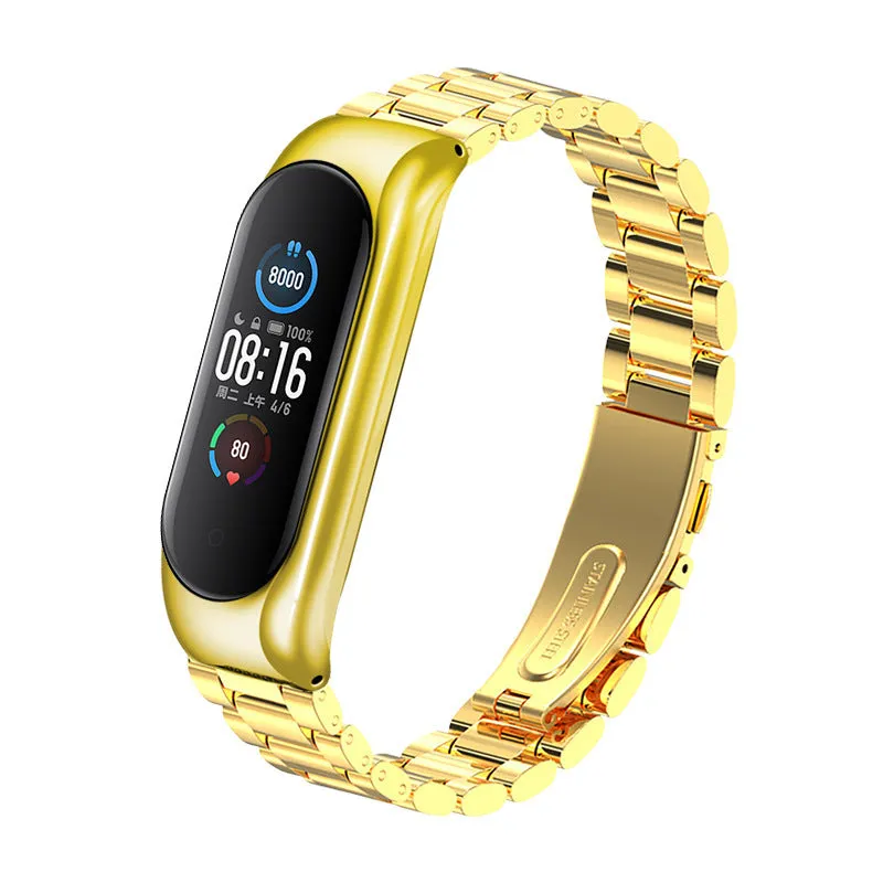 Three-bead metal Mi Band wristband showing rose gold finish with magnetic clasp closure