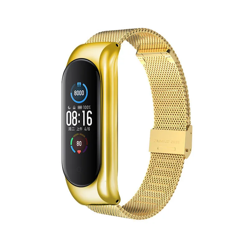 Three-bead metal Mi Band wristband showing rose gold finish with magnetic clasp closure